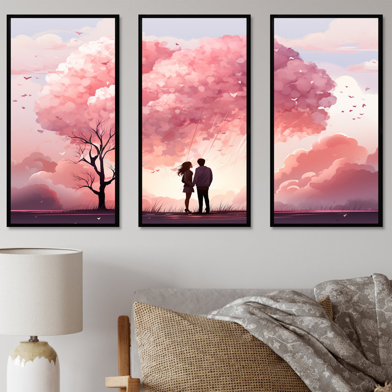 «Pink Romantic Couple Love Dream», art mural paysage romantique, Cadre flottant noir, H 28 po x l 36 po x P 1 po