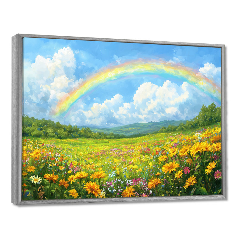 Arc-en-ciel dans un champ de fleurs sauvages - art mural arc-en-ciel, H 12 po x l 20 po, Encadrement argenté