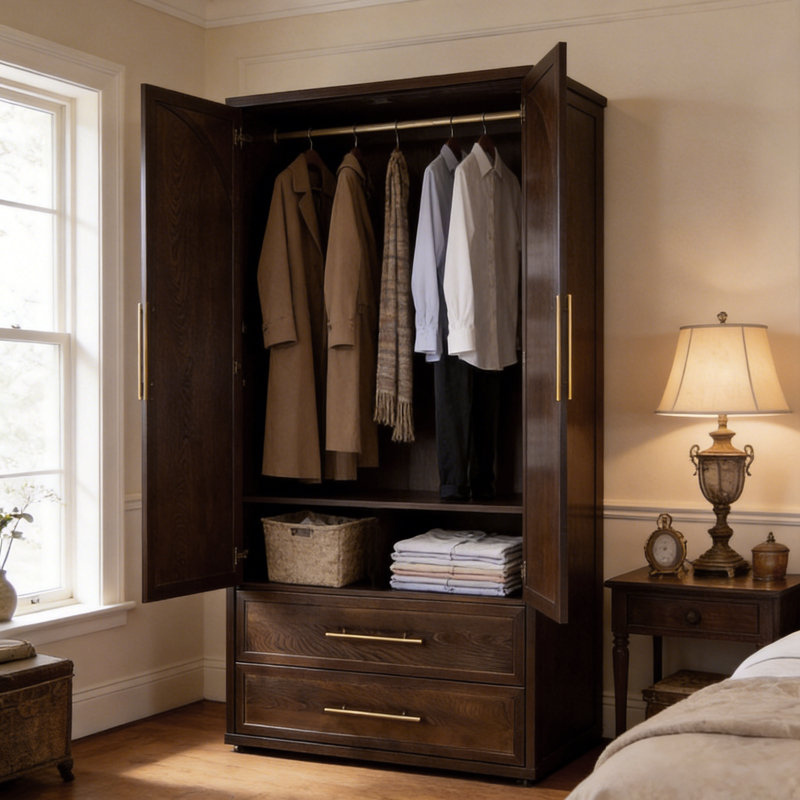 Armoire-penderie Audrey en bois massif avec tiroirs - 190 cm de hauteur, style milieu du siècle, avec portes à fermeture douce, noyer noir