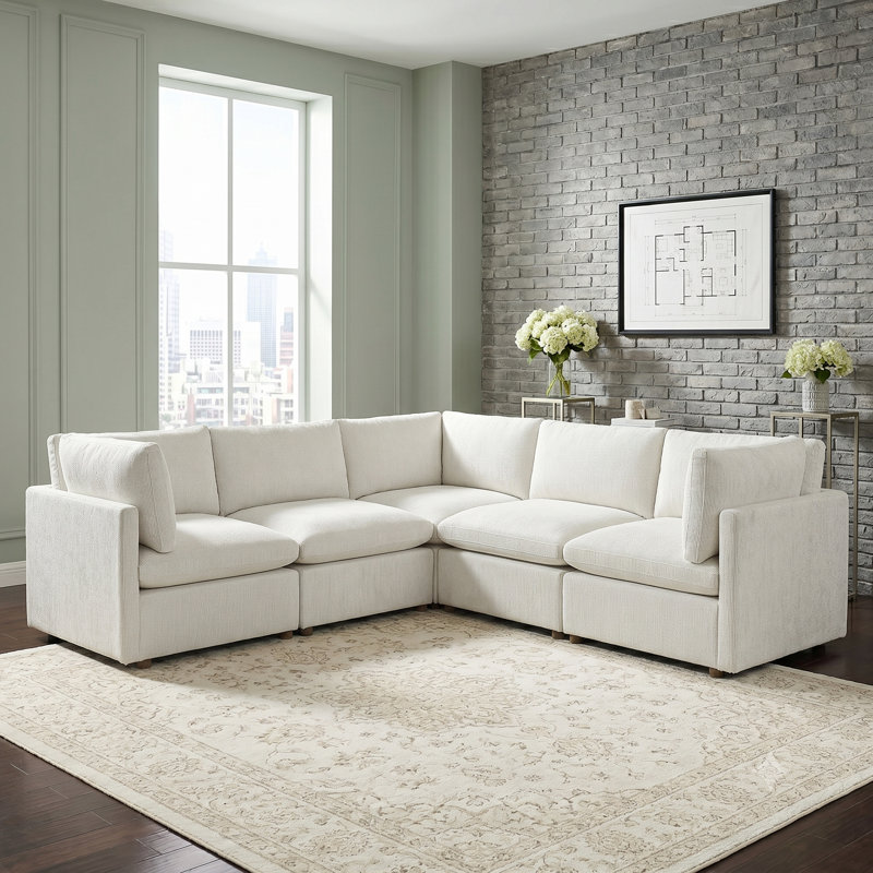 Canapé modulaire en chenille 5 pièces 103,5 po avec coussins réversibles et pieds en noyer massif Seagraves