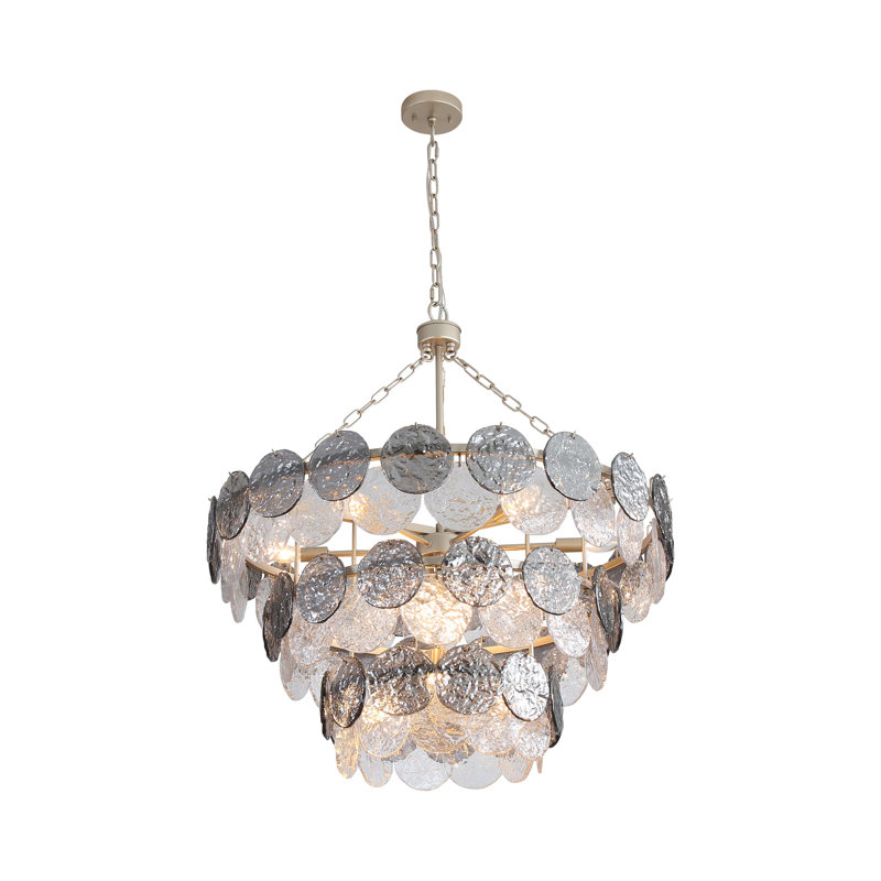 Luminaire suspendu 3 niveaux en argent égéen avec abat-jour en verre plaqué fumée Austun, Gris