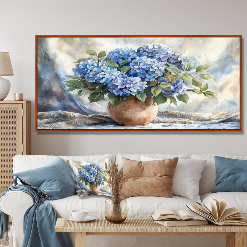 Ikshan hortensias dans un décor de rêve II - hydrangées grand art mural, H 28 po x l 60 po, Impression encadrée flottante