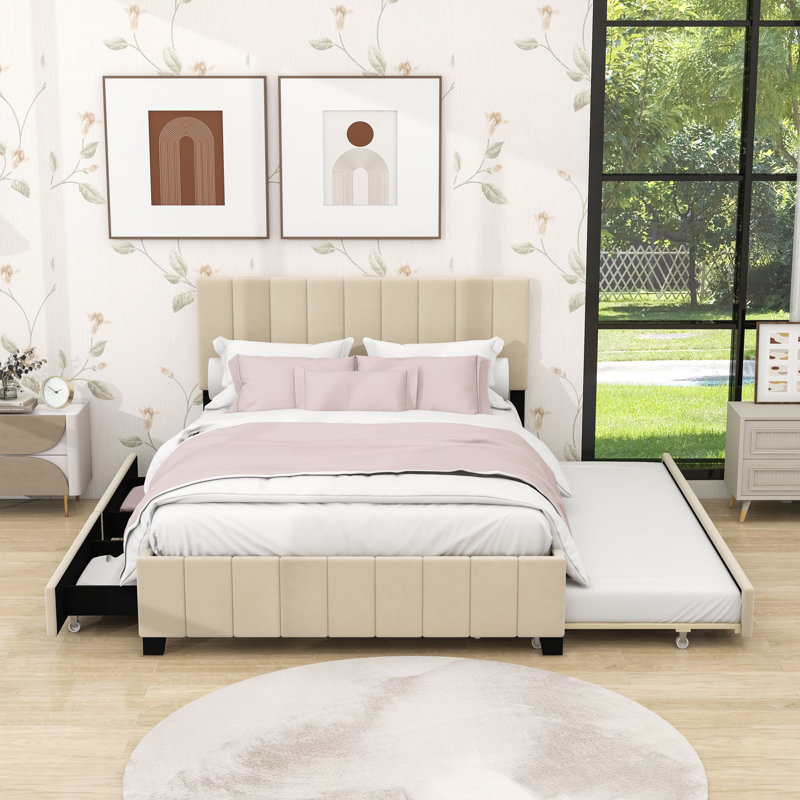 Queen Size Velvet Upholstered Platform Bed with 2 Drawers and Twin XL Trundle, Beige