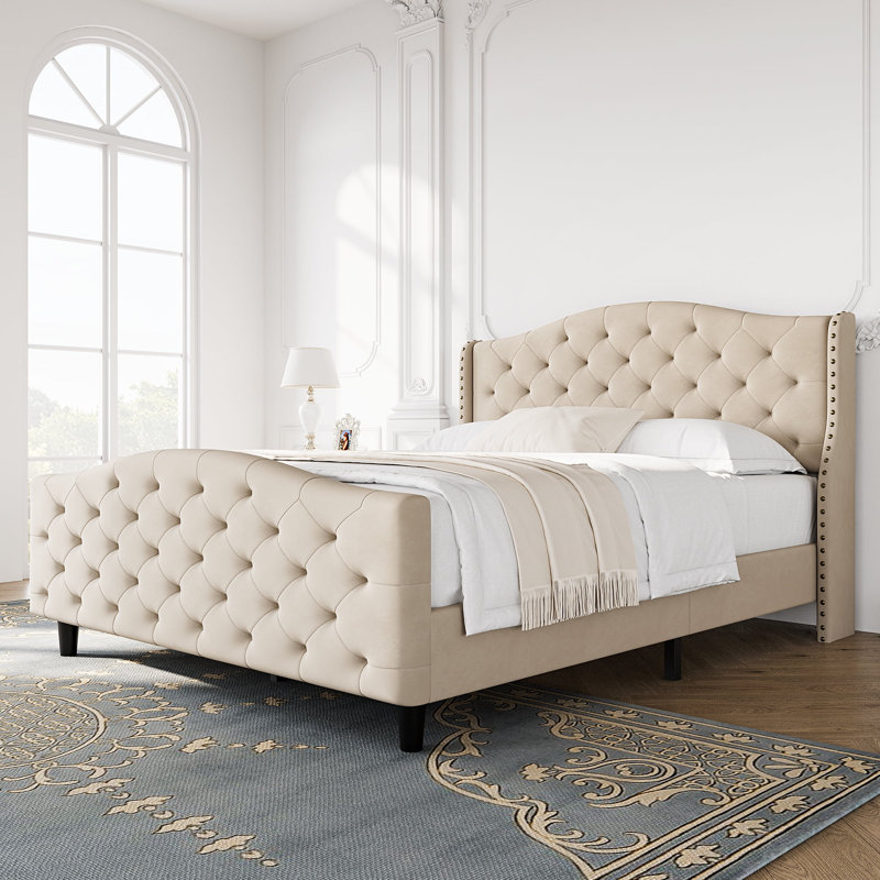 Jaquail Upholstered Wingback Bed, Beige, Queen