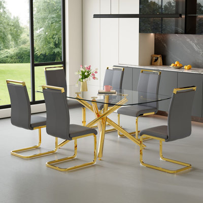 Ensemble de tables de salle à manger 71 "en verre moderne avec chaises en cuir - Ensemble de table de salle à manger de luxe pour 6 à 8 personnes