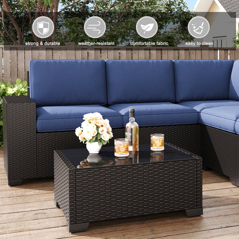  Ensemble de meubles de patio 6 pièces, ensemble de conversation modulaire en rotin noir, Marine, Noir