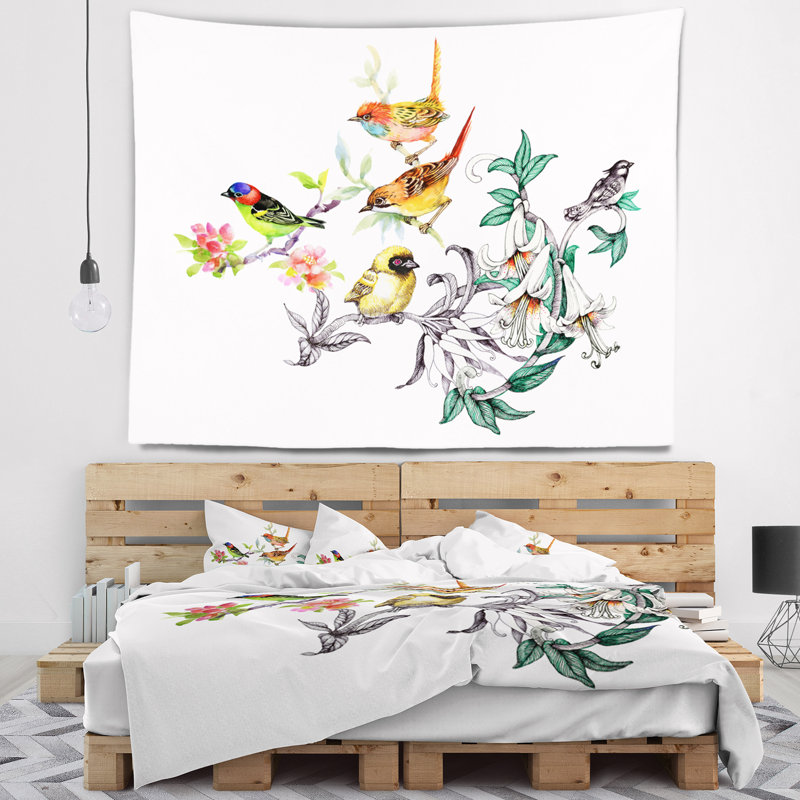 Tapisserie fleurs tropicales et oiseaux, H 68 po x l 80 po