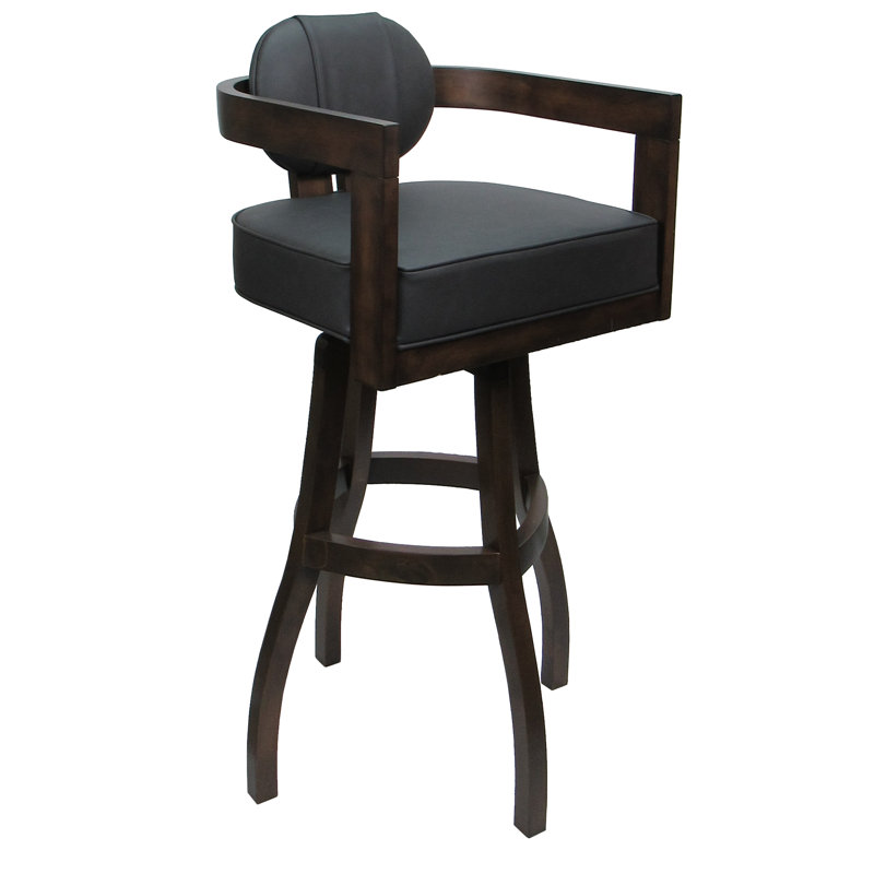 Tabouret de bar pivotant en bois Camili sur base en S, Grey, Siège en vinyle noir / structure noire