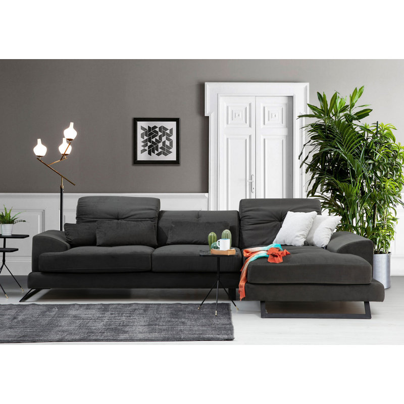 Élégant canapé d'angle de couleur anthracite, 121,3 po x 74,8 po x 36,2 po | Structure en bois de hêtre et en carton, tissu 100% polyester, dossier réglable | Coussins en mousse et en silicone gris doux | Parfait pour les salons modernes et les décors industriels
