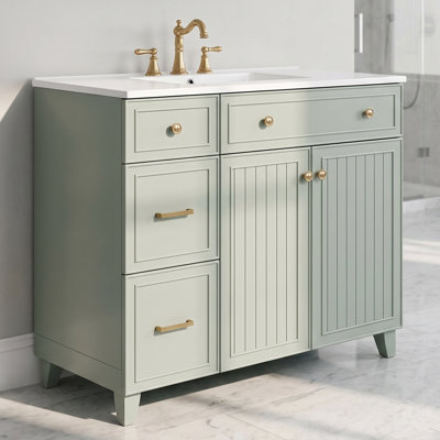 Paxon 36" Single Bathroom Vanity in Sage Green Finish with White Ceramic Top, Louvered Doors and Soft-Close Storage
