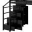 Lit mezzanine en métal avec tablettes de rangement, armoires et garde-robe