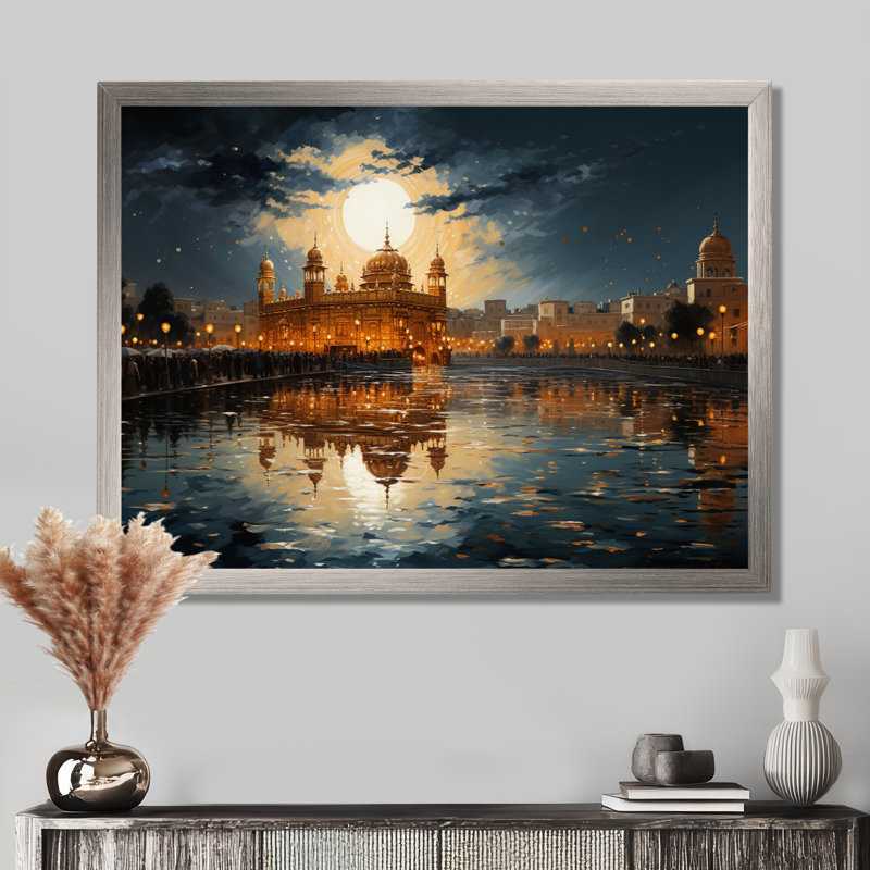 Hinduisim Golden Temple I - Hindouisme, art mural, Cadre simple argenté, H 34 po x l 44 po x P 1,5 po