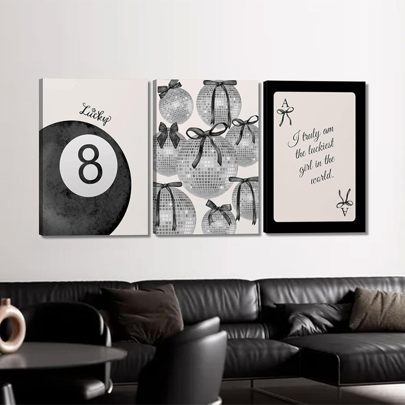 3Pcs Trendy Black Preppy Canvas Wall Art Painting Lucky 8 Ball Poster Print Fashion Bow Disco Ball Picture Lucky Girl Playing Cards Wall Decor For Room College Apartment Framed