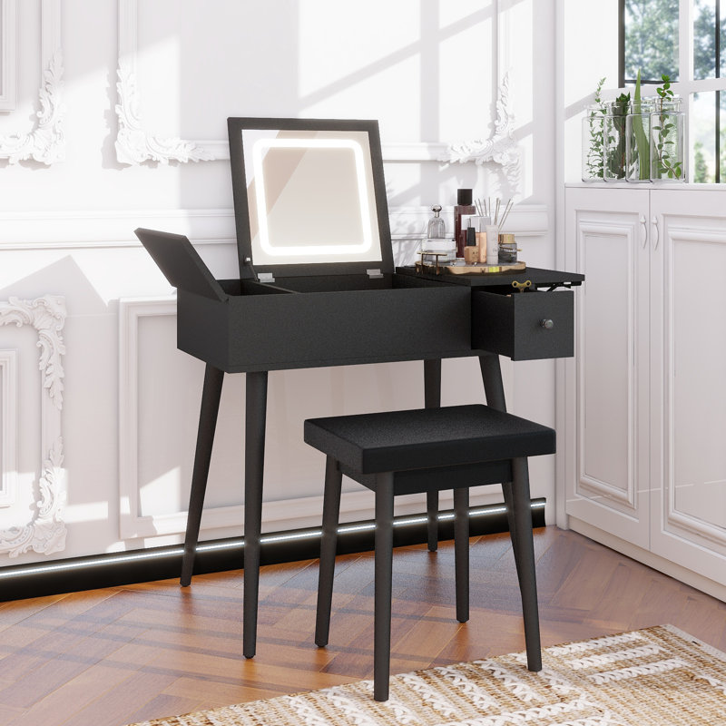 Meuble-lavabo noir avec miroir à rabat et lumière DEL, coiffeuse avec station de charge, 2 tiroirs et panneau rabattable, ensemble de coiffeuse avec tabouret rembourré pour la chambre à coucher