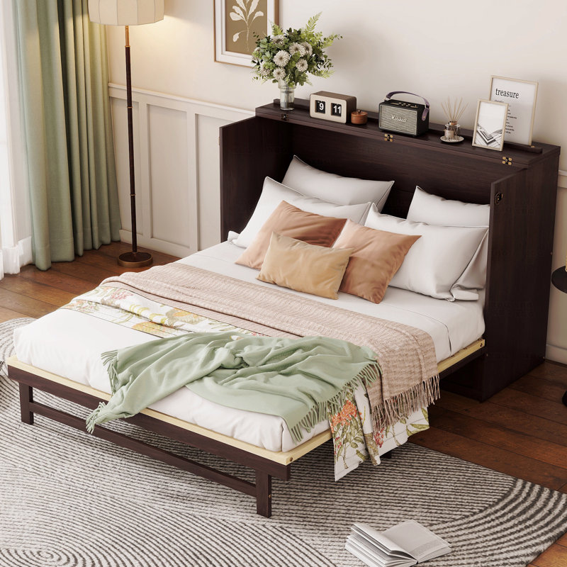 Grand lit escamotable pliant, armoire en bois de pin avec décoration en rotin et tiroir de rangement, Noir