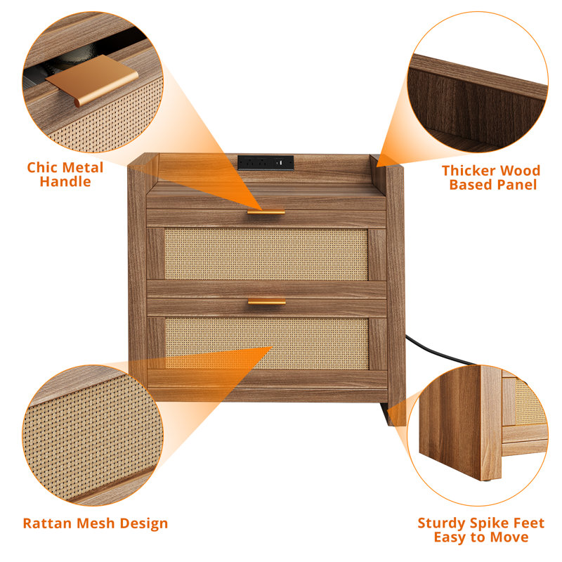 Rattan Nightstands With Wireless Charging Station, Bed Side Table With 2 Rattan Drawers