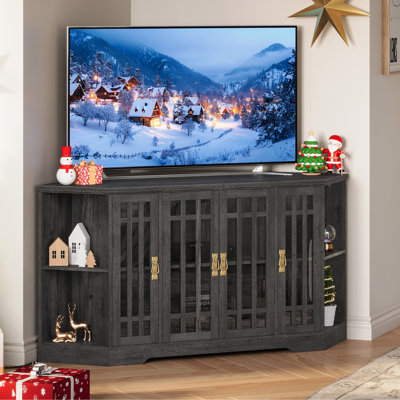 Corner Tv Stand For Tvs Up To 65 Inch With Power Outlet, Corner Entertainment Centre With Storage Cabinet And Glass Doors, Mid Century Modern Tv Stand For Living Room, Bedroom