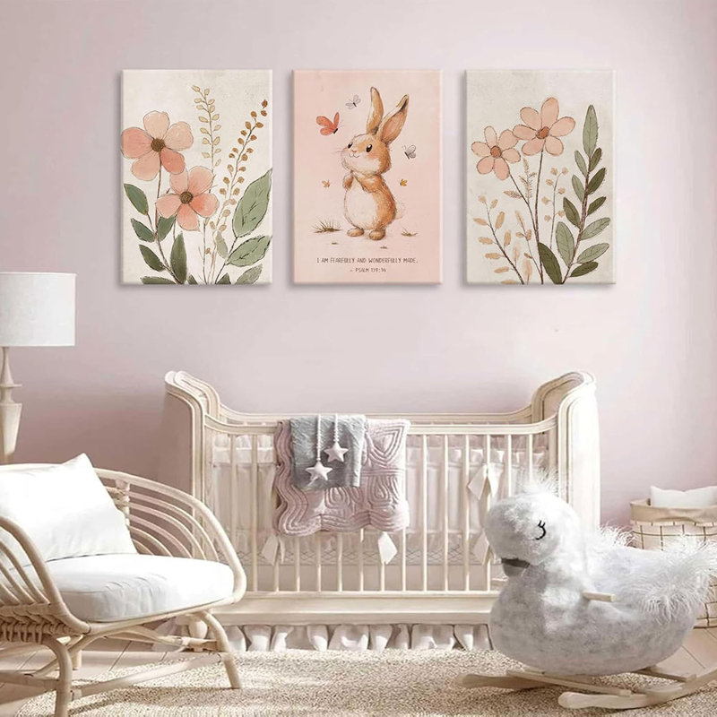 3Pcs Nursery Bunny Wall Art Christian Scripture Canvas Painting Cute Pink Bunny Botanical Flowers Wall Decor Nursery Posters For Kids Room Baby Room Decor Framed