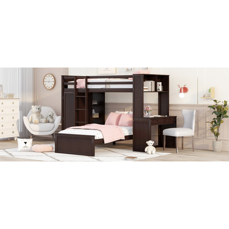 Lit mezzanine simple avec lit autoportant, tablettes, bureau et armoire-espresso (ANCIEN SKU: LT000820AAP), Espresso