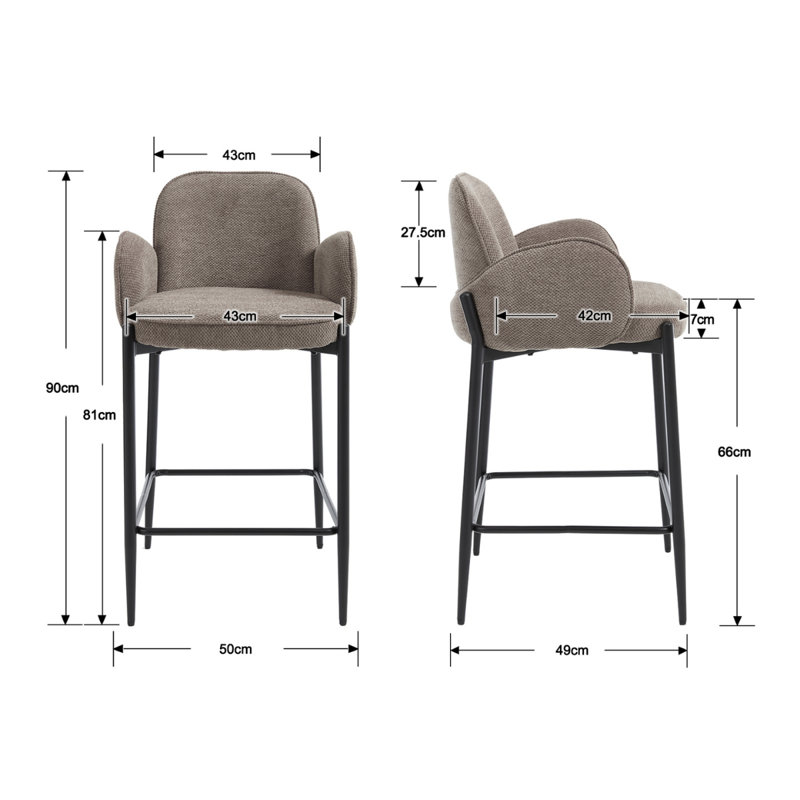 Upholstered Counter Stool with Metal Frame, Grey