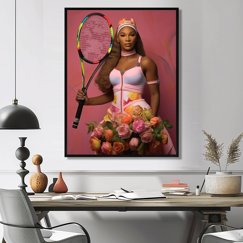 Serene avec roses roses et raquette de tennis, Cadre flottant noir, H 20 po x l 12 po x P 1 po