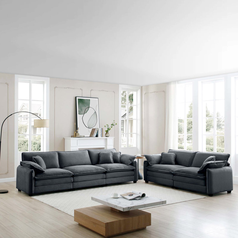 Velours côtelé gris à 5 places avec design ergonomique et coussins moelleux pour chambre à coucher