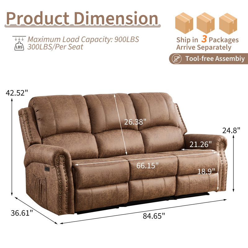 84.65'' Wide Faux Leather Nailhead Electric Reclining Sofa With USB & Type-C Ports, Vintage Style, Vintage Tan
