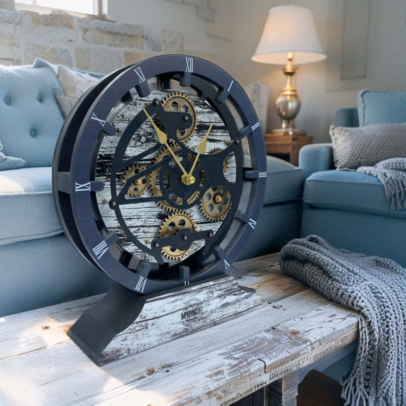 Desk wooden Clock Round 10 inches with Real Moving Gears (Transformable into a Wall Clock - detachable base) Canada Collection