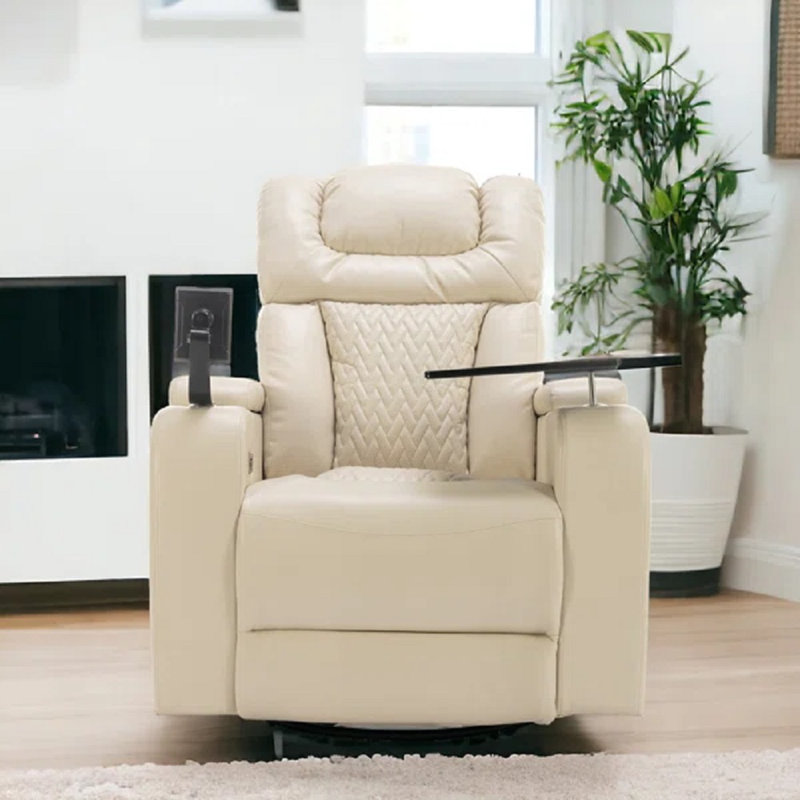 Gregorian Faux Leather Power Reclining Home Theater Seat with Cup Holder, White Faux Leather