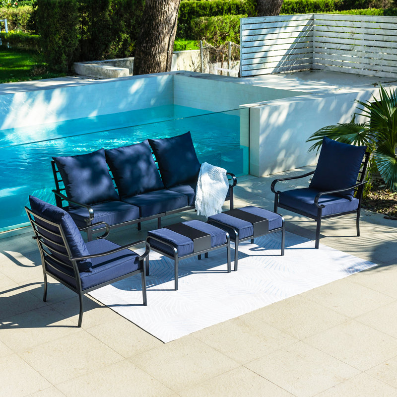 Ensemble de meubles de patio 5 pièces à structure en métal avec chaises fixes et repose-pieds multifonctionnel, coussins épais de 5,75 po pour la cour