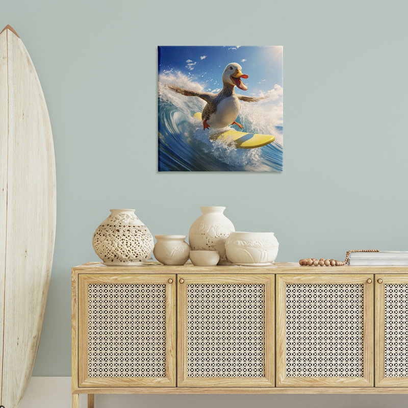 «Happy Surfing Duck», art mural sur toile par Jim Baldwin, H 36 po x l 36 po x P 1,5 po