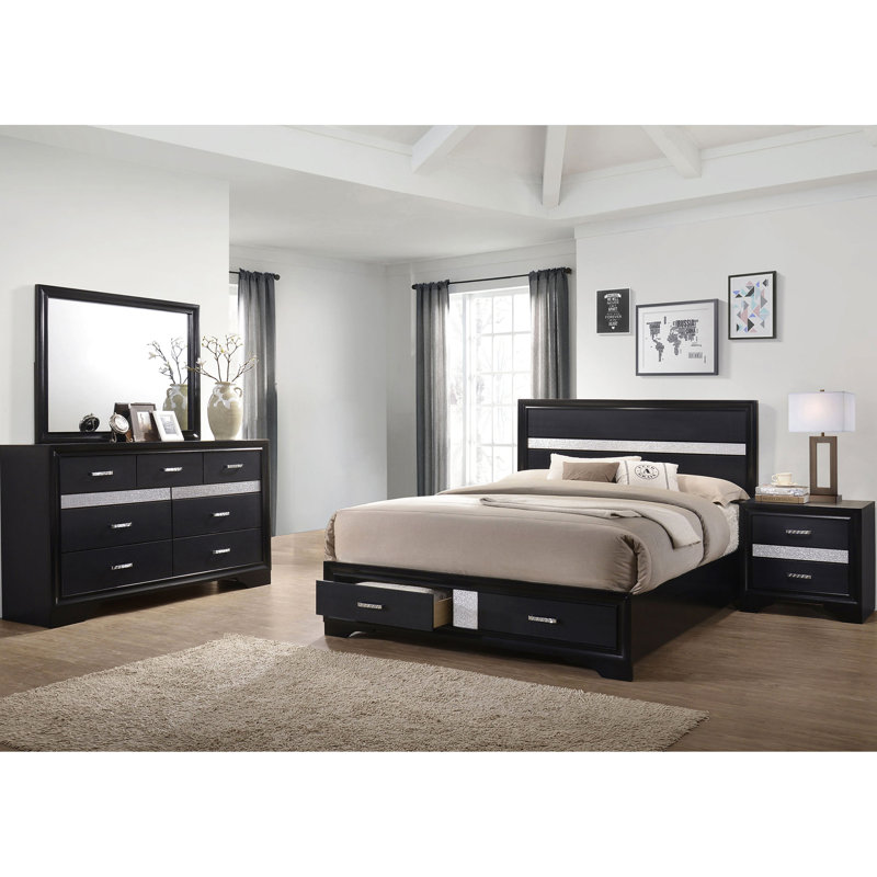 4 pièces, très grand lit, contemporain, finition noire, poignées de tiroir en cristal, commode, rangement caché