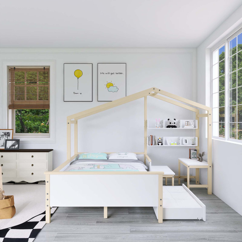 Lit double blanc en bois avec tiroir, bureau et bibliothèque