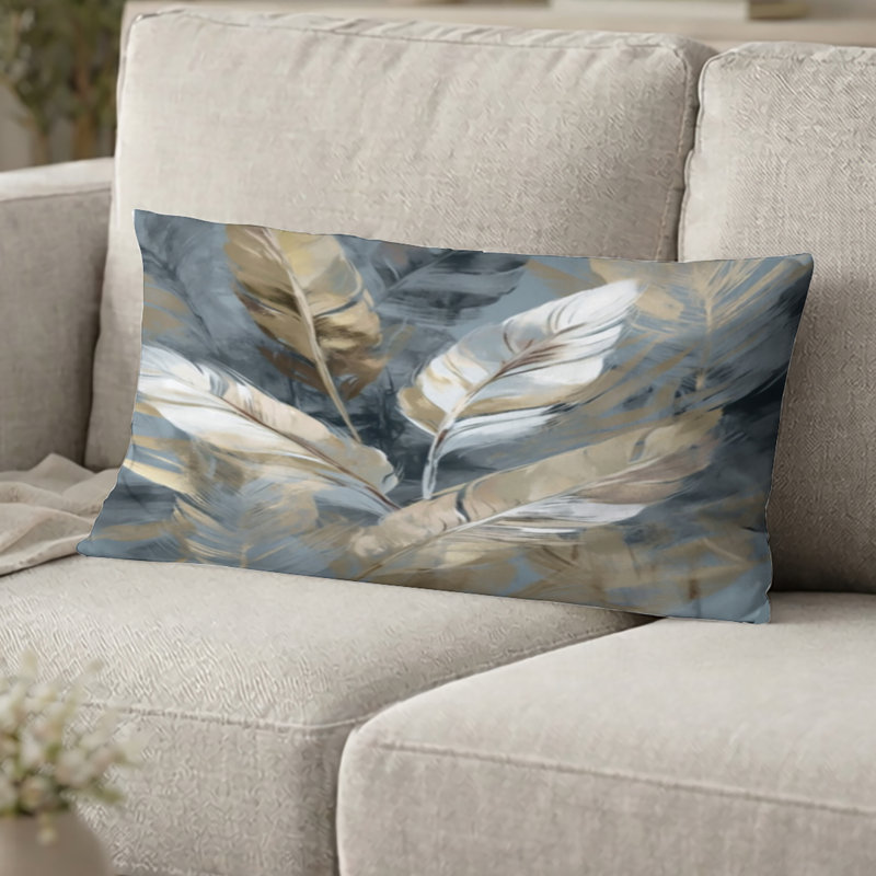 Coussin Boho Feather - Or et gris, H 12 po x l 20 po