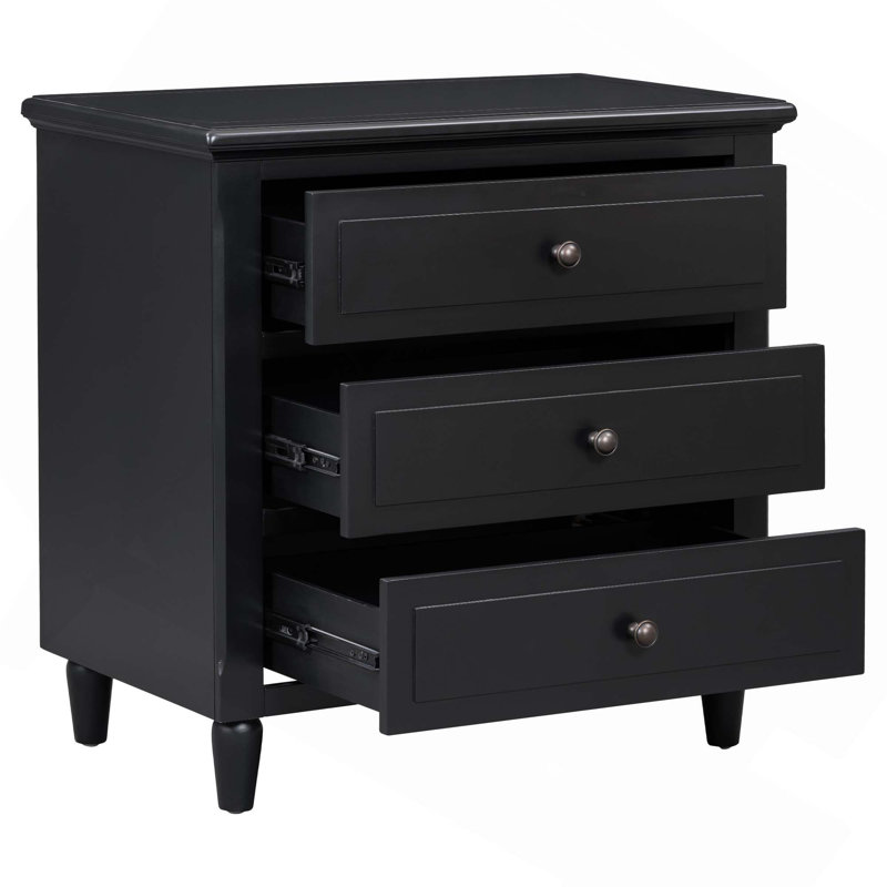 Pine Wood Nightstand With 3 Spacious Drawers, Smooth Gliding Rails And Metal Handles For Organized Storage, Black