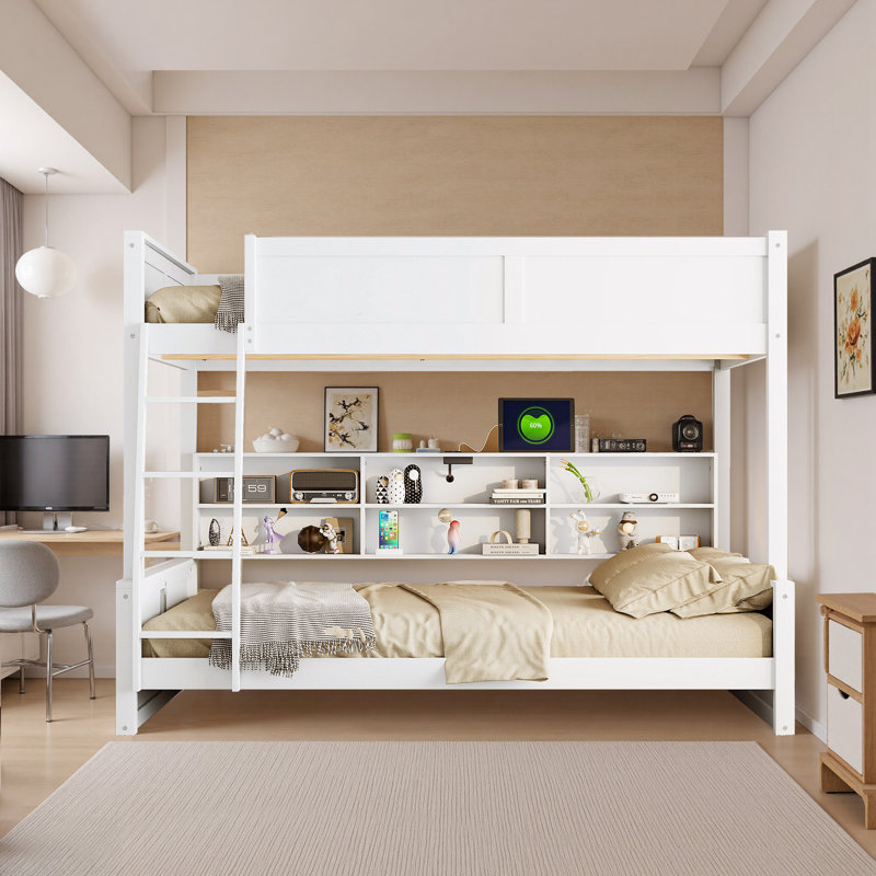 Lit superposé avec armoires de rangement et ports USB, Blanc antique