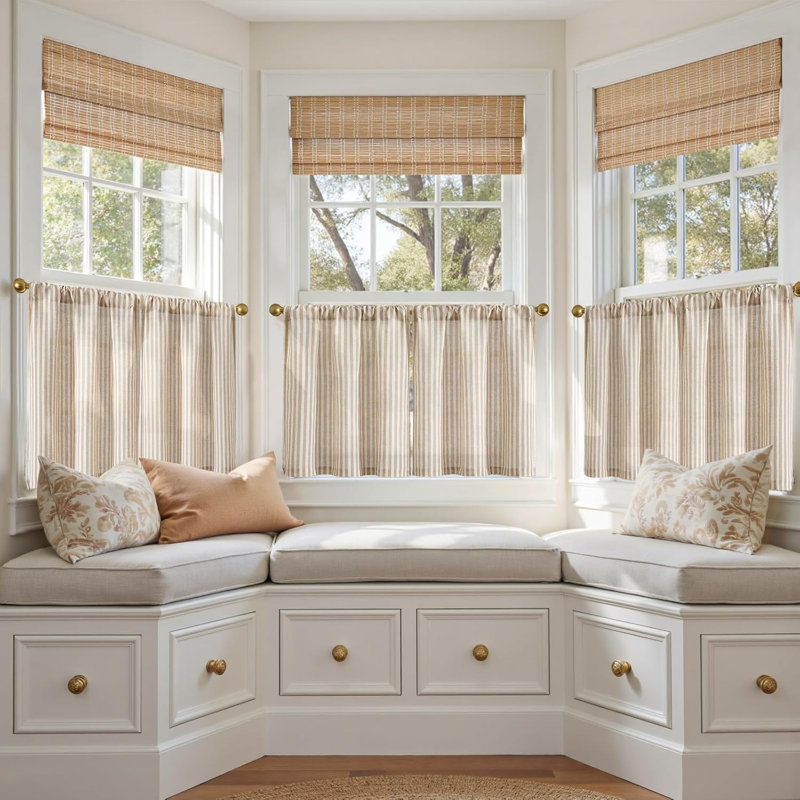 Rideaux de cuisine rayés en lin, 50 cm, beige, 2 panneaux. Rideaux de style café, tamisant la lumière, mélange de lin, passe-tringle, style champêtre.