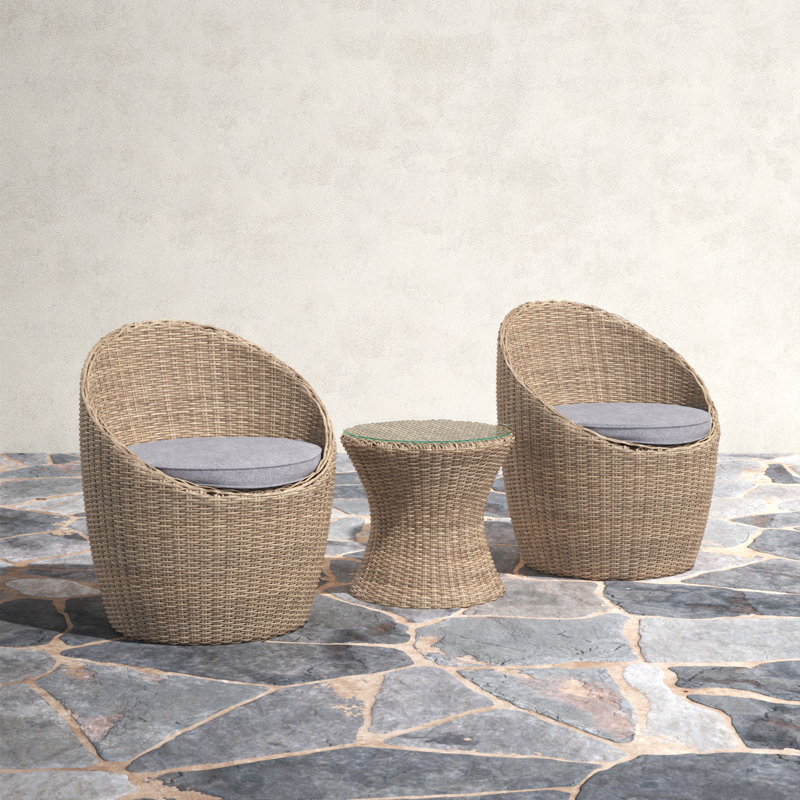 Jakeem Modern Style All-Weather Wicker Outdoor Set, 2 Chairs With Cushions and 18"H Cocktail Table