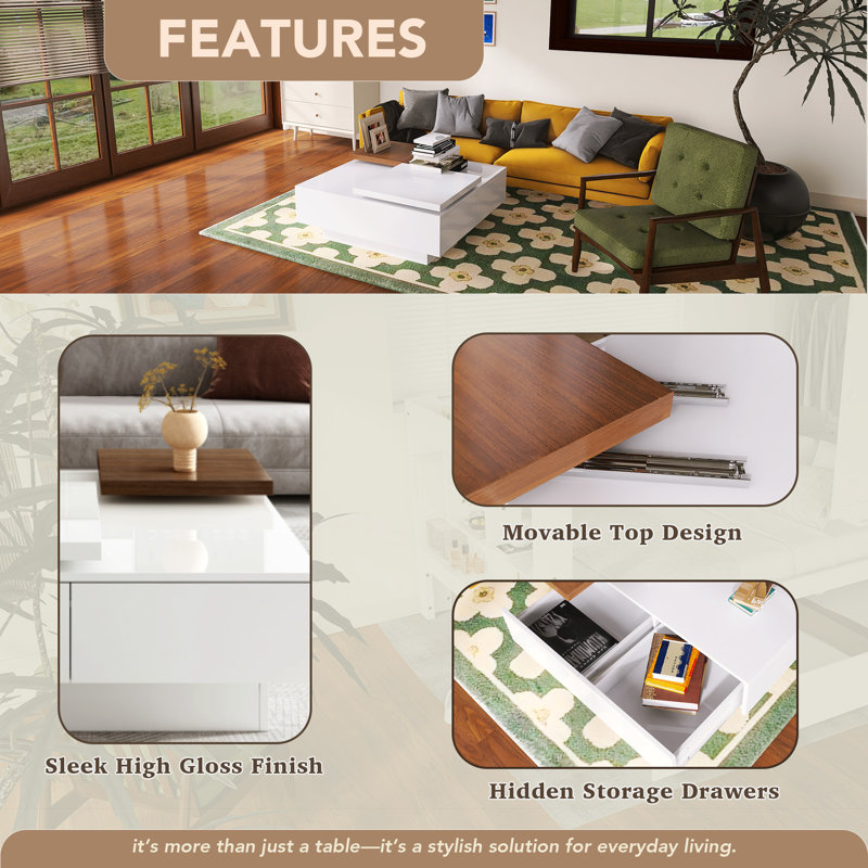 Modern Square Movable Top Coffee Table, White