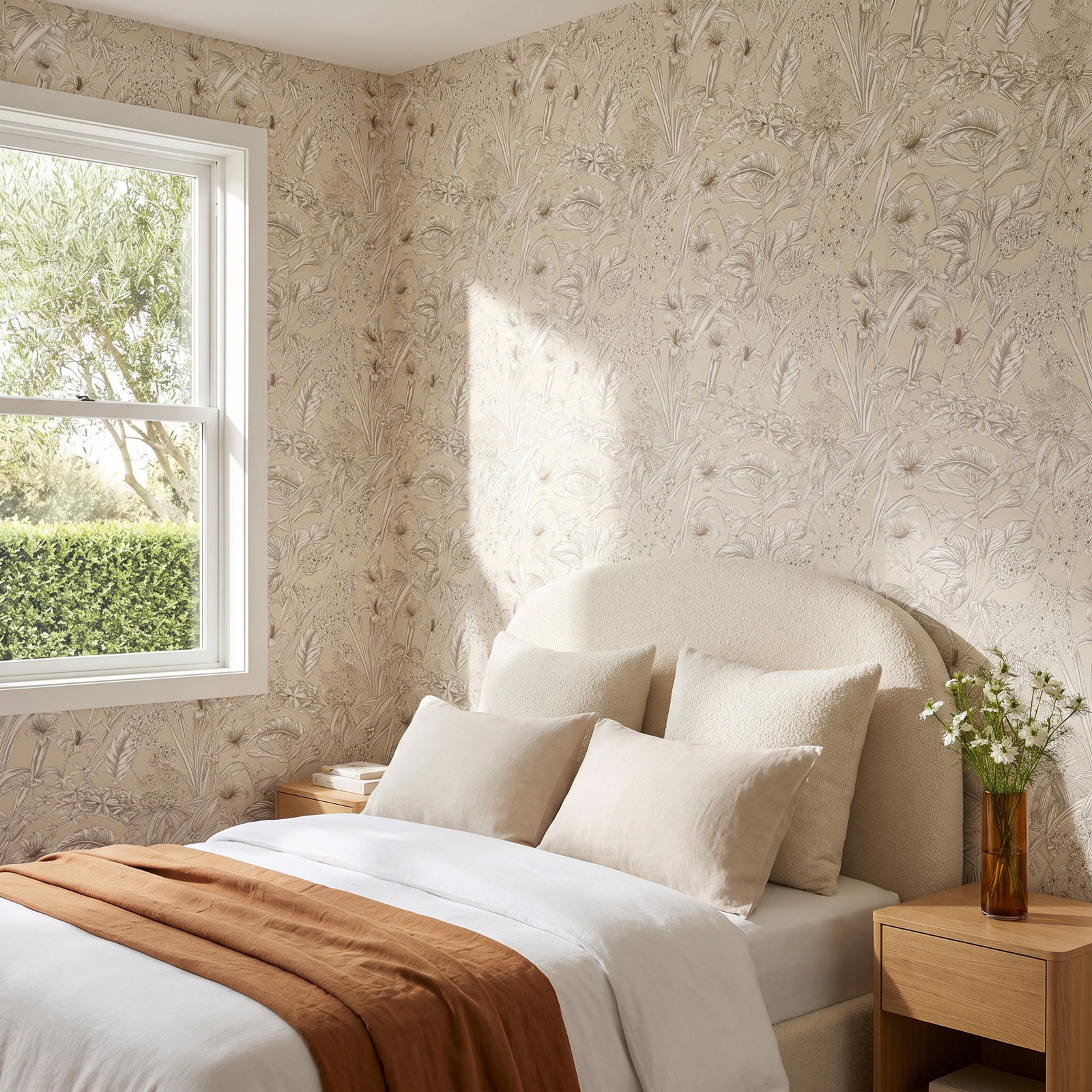 Conservatory Toile Floral,Solids Wallpaper, Beige & Taupe