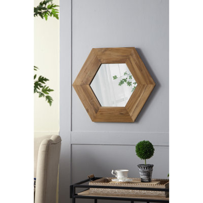 18.5" X Hexagon Mirror With Wood Coating, Ideal For Wall Decoration In Living Room Bathroom Hallway Strong Casing,