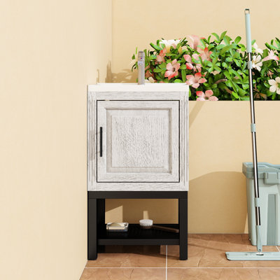 Petite armoire de salle de bain de 20 pouces, lavabo en céramique blanche, robinet en bronze à canon en aluminium mat, armoire à 1 porte avec tablette ouverte, base en métal de haute qualité et solution de rangement autoportante et à pieds réglables