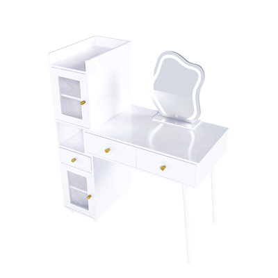 Vanity Dressing Table With Led Mirror & Storage – White Makeup Desk Features 3 Drawers, 2 Open Shelves & 4 Hidden Cabinets (Transparent Doors) - 3 Adjustable Lighting Modes - Ideal For Bedroom Or Livi