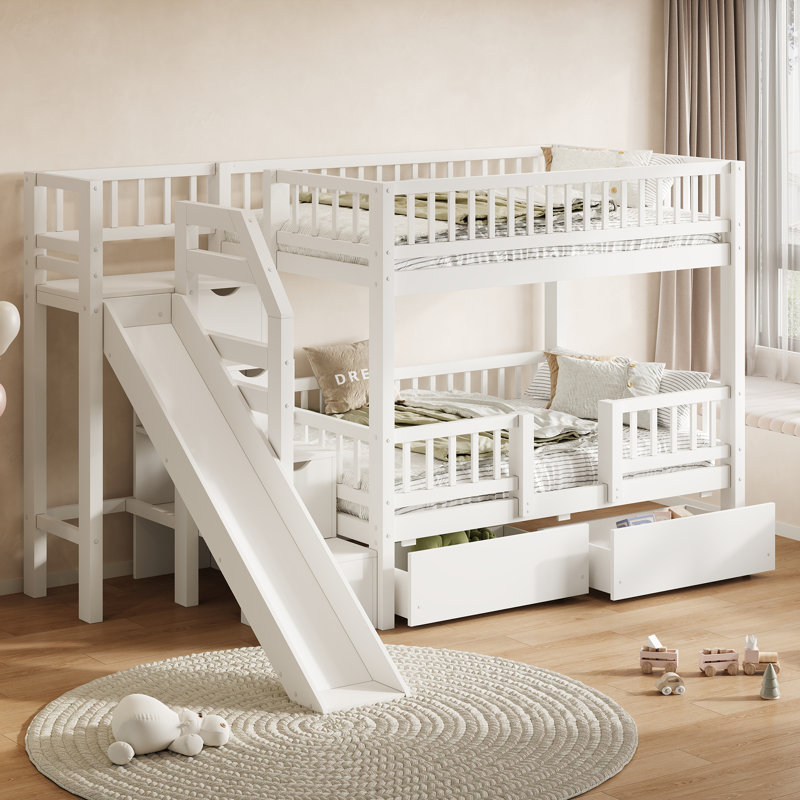 Twin Over Twin Bunk Bed With Slide And Storage Staircase, White