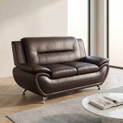 61‘’Dark Brown Modern Faux Leather Loveseat Sofa, Solid Wood Frame High-Density Memory Foam, Contemporary 2-Seat Upholstered Couch for Living Room Office Reception