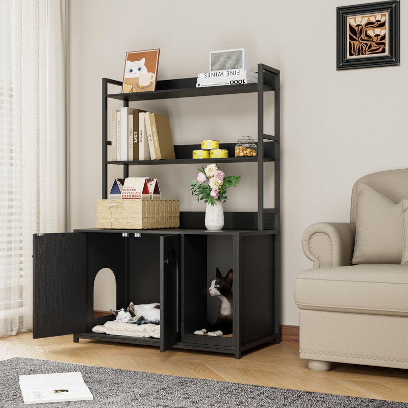 Armoire à litière en bois pour chat avec 2 tablettes et deux portes - Litière dissimulée