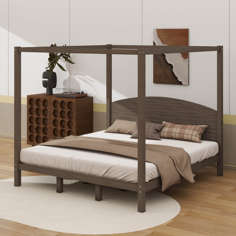 Très grand lit plateforme à baldaquin avec tête de lit et pieds de support, Brun