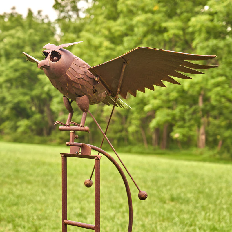 Winslow 76" Tall Large Iron Rocking Owl with Moving Wings Garden Stake