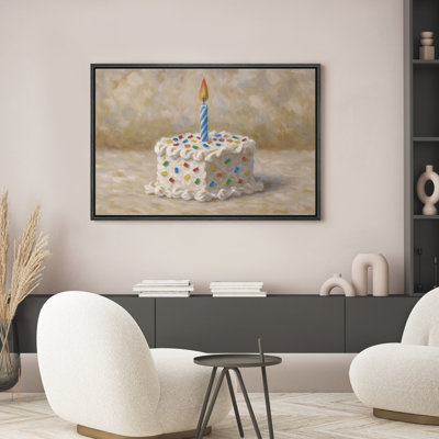 Birthday Cake with Candle Celebration Decor - Framed Canvas Wall Art Print