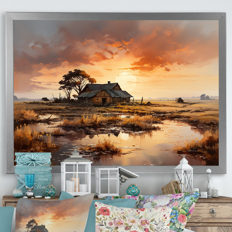 Sunrise Countryside Farm Unveile - impression, H 12 po x l 20 po x P 1 po, Cadre simple argenté